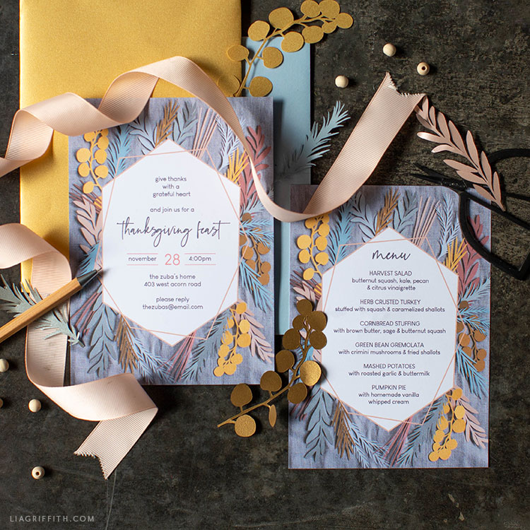 Printable Thanksgiving invitation and menu with papercut leaves